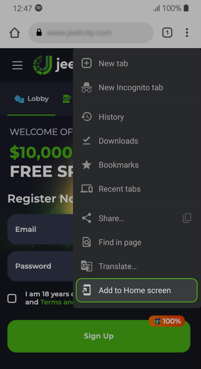 Using the browser menu, add the JeetCity online casino app to your home screen to start downloading to your Android phone.