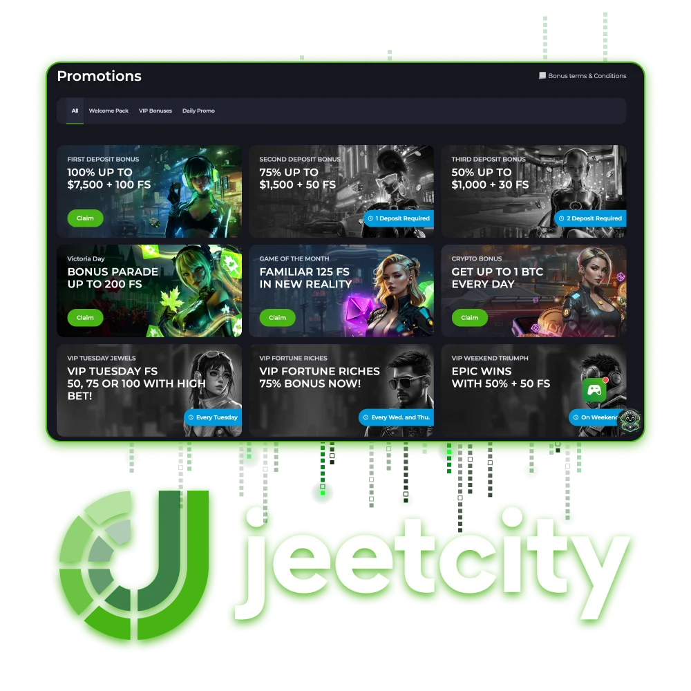 At JeetCity online casino you will find a large selection of bonuses.
