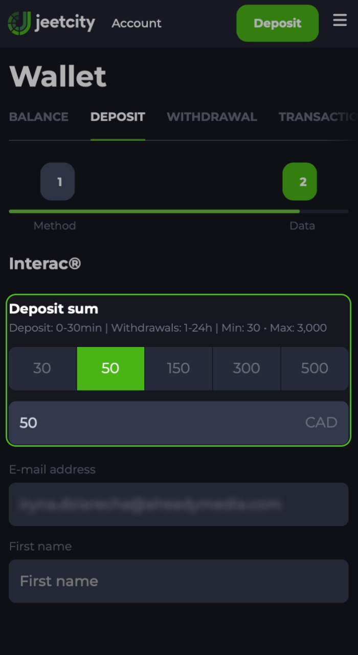 Enter the deposit amount taking into account the minimum possible value in the online casino JeetCity.