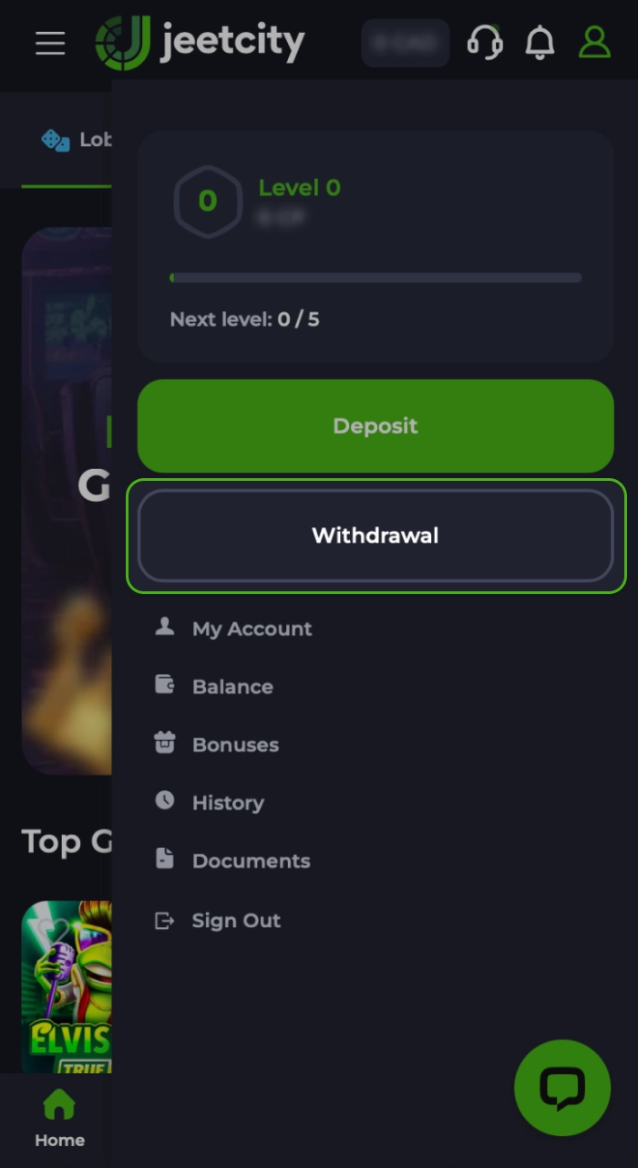 Go to the withdrawal section of the online casino JeetCity.