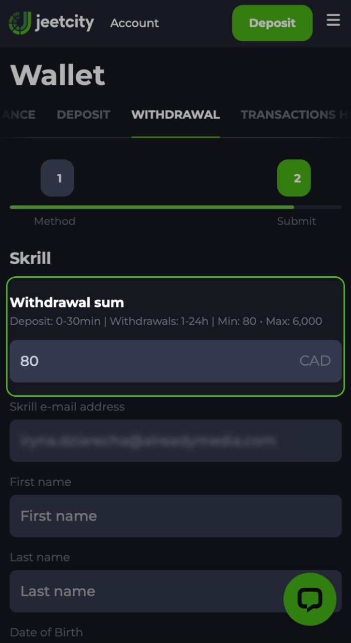 Fill in the details for withdrawing money, enter the amount you want to withdraw from the JeetCity online casino.